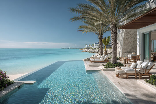 Luxury vacation property with infinity pool and palm trees by calm turquoise ocean under clear blue sky, featuring comfortable lounge chairs and modern outdoor seating area