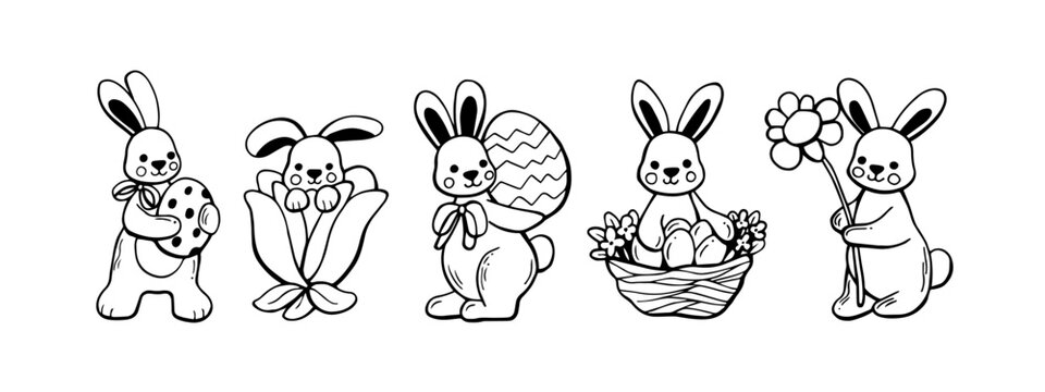 Cute bunnies and easter eggs hand drawn doodle sketch coquette vector illustrations set. Kids and baby whimsical design. Charming rabbits in black color. Easter celebration cottagecore design	