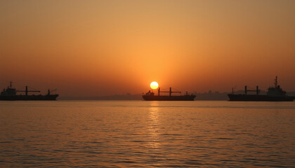Fototapeta premium Shipping vessels silhouetted against a radiant sunset over the ocean. The scene evokes a sense of tranquility and the vastness of the sea