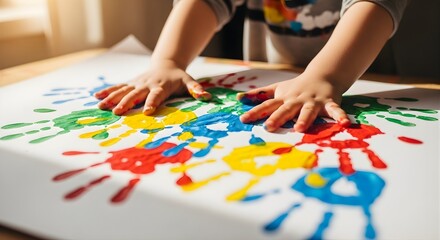 Obraz premium Child Hands Making Colorful Paint Handprints on Paper Creativity Imagination Concept Warm Light Creativity and Innovation Day