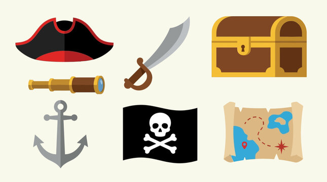 Pirate symbols and treasure icons set.