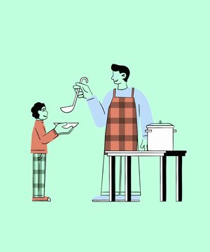 a father who cooks and serves his food to his child