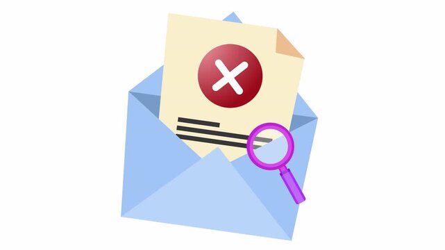 Wrong check mark on digital marketing checklist with open envelope cartoon animation in the alpha channel. Flat design or a rejected delivery document icon. Data task validation symbol.