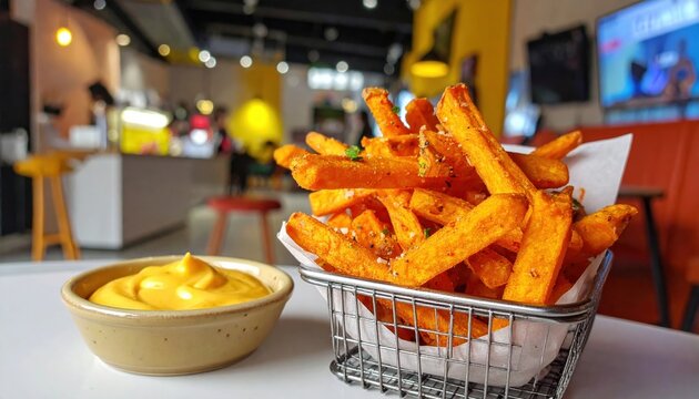 Crispy sweet potato fries with creamy aioli dip served in a wire basket in a restaurant setting
