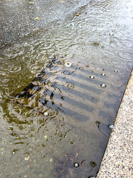 Rain water flows up out of clogged drain cover