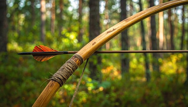 Closeup of a primitive wooden bow strung taut with a fletched arrow nocked, ready for action in a forest setting.