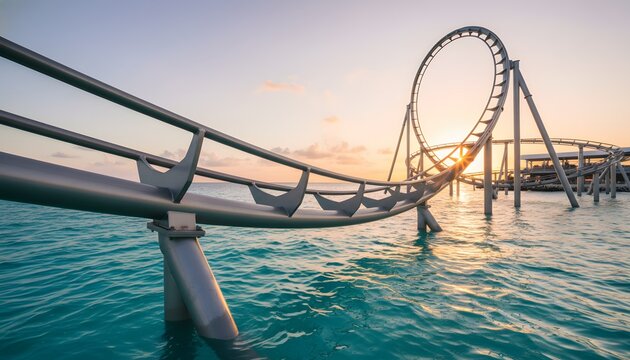 Steel roller coaster track with a loop over turquoise water during sunset for an adventure and thrill concept with cinematic golden hour lighting