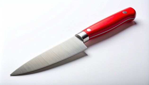 Close-up of a paring knife with a red handle.