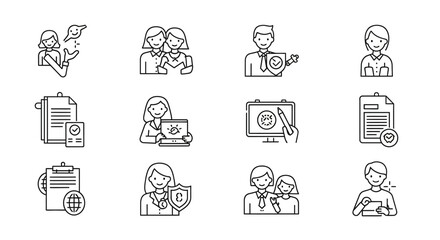 Collection of Business and Security Line Art Icons Featuring Professional People Documents and Technology Elements. © Dahlia_Elma