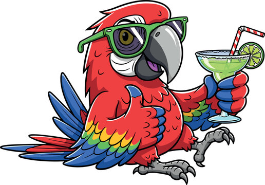 Funny Cartoon Red Parrot Character Wearing Sunglasses and Holding a Tropical Cocktail Drink for Summer Vacation, Beach Party, and Travel DesignsFunny Cartoon Red Parrot Character Wearing Sunglasses an