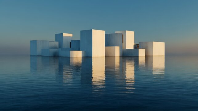 Modern geometric structure reflects in still water at sunrise near the shore in a calm coastal area