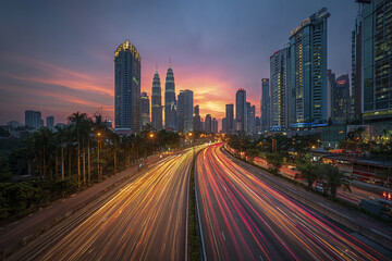 Fototapeta premium Long exposure traffic light trails on busy highway at sunset with modern skyscraper cityscape and vibrant colorful sky creating dynamic urban atmosphere