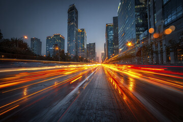 Fototapeta premium Long exposure of traffic light trails creates dynamic streaks of orange and red on city street at dusk, surrounded by modern skyscrapers and reflecting wet pavement, evoking energy and motion