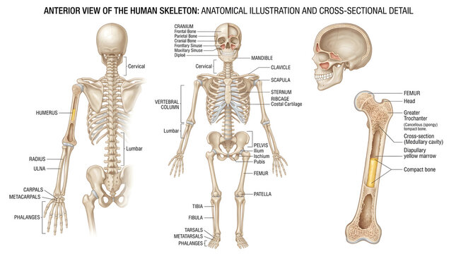 Anterior view of the human skeleton with labeled bones of skull, spine, ribs, pelvis and limbs plus close‑up cross‑section of long bone showing compact bone, spongy bone, medullary cavity and marrow f