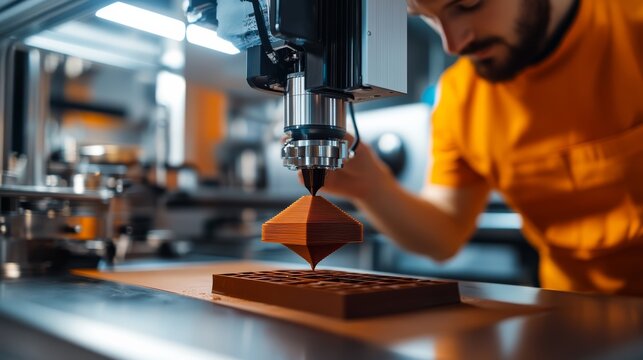 Innovative chocolate 3d printing demonstration modern kitchen food technology industrial environment close-up view culinary art