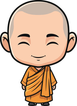 A smiling monk wearing orange robes stands happily indoors.