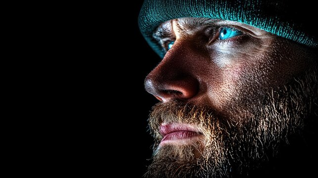 man with blue eyes and beard looking away