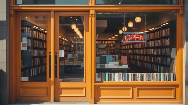 Vintage bookstore storefront with open sign wooden and classic retail shop concept