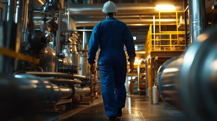 Fototapeta premium Industrial worker conducting maintenance in a processing facility inside a factory human activity dimly lit environment side angle industrial concept