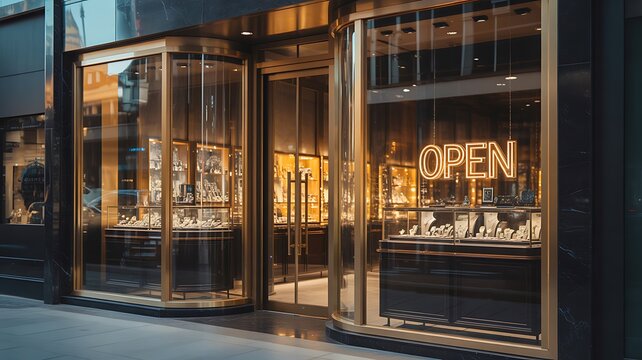 Modern jewelry store storefront with open sign glass and luxury retail shopping concept