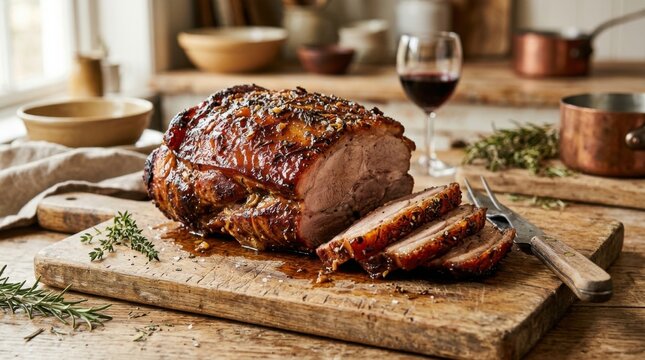 Savory Pork Shoulder Roast with Sliced Portions on a Rustic Wooden Board with Wine