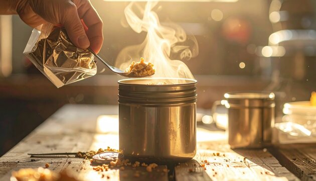 Hand scoops hot dry food rations from foil pouch into metal mess tin with rising steam