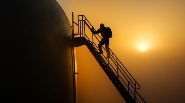 Adventurous climber ascends industrial structure at sunrise capturing a moment of triumph in urban exploration atmospheric environment perspective shift