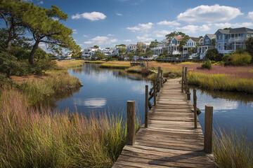 Naklejka premium Luxury coastal neighborhood with wooden walkway across marshland under blue sky with clouds, peaceful water reflecting nature and houses in background creating serene atmosphere