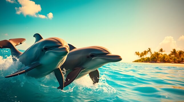 Cute blue dolphin cartoon illustration jumping in ocean water on white background

