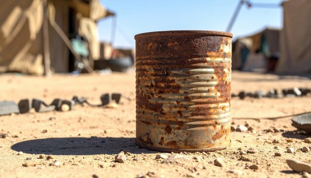 An old, rusted empty ration tin sits on the dry, sandy ground, revealing its age and scarcity in a harsh environment