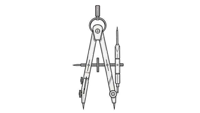 Front View of a Standing Professional Drafting Compass Tool for Geometry, Technical Illustration, and Architecture. Precision Metal Drawing Instrument Isolated on a White Background for Design Student
