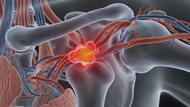 Visualizing shoulder joint pain, nerve compression, and inflammation in a detailed 3D anatomical model.