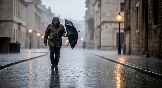 Man walking in rain cityscape