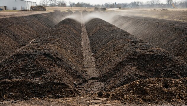 Medium shot of windrow rows in compost curing zone focusing on orderly elongated piles aging undisturbed for effective microbial activity and moisture retention.
