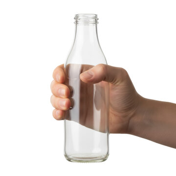 Fair-toned human hand gripping a clear empty glass bottle against a solid white background, emphasizing natural skin texture and clean minimalist refreshment vibe