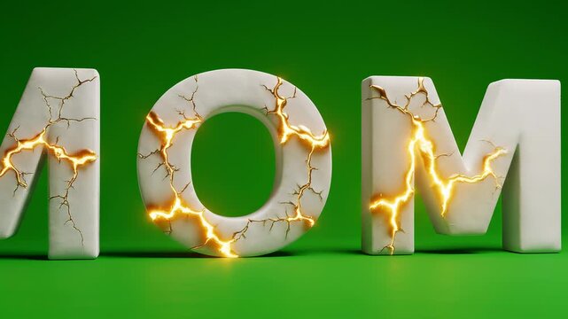 Massive glowing cracked mom letters on green background.