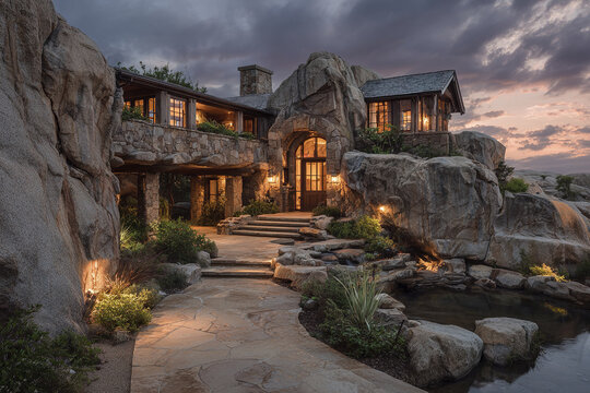 Luxury stone house built into natural rock formation with warm glowing lights and dramatic cloudy sunset sky creating cozy and inviting atmosphere