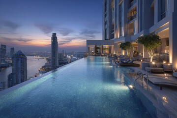 Obraz premium Luxury rooftop infinity pool at dusk with city skyline view, modern lounge chairs, ambient lighting, and urban river landscape creating serene and elegant atmosphere