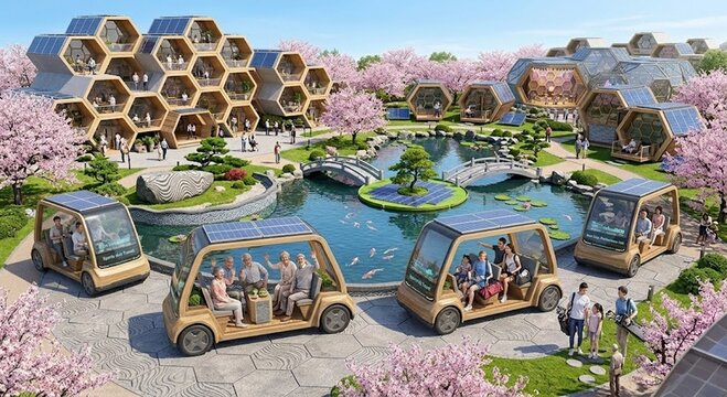AI-generatedエコフレンドリーな未来型住宅街を走る、ソーラー充電式の自動運転カートと住人たち。