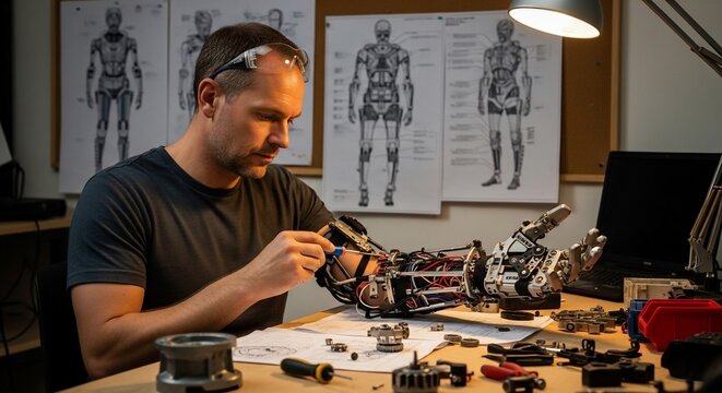 Man working on robotic hand