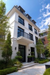 Fototapeta premium White townhome with black framed windows and small balconies manicured courtyard greenery classic urban residential architecture with slate walkway and potted shrubs