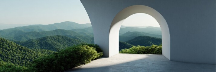 Obraz premium White arched terrace overlooking layered forested mountains with soft morning light and sweeping panoramic vista