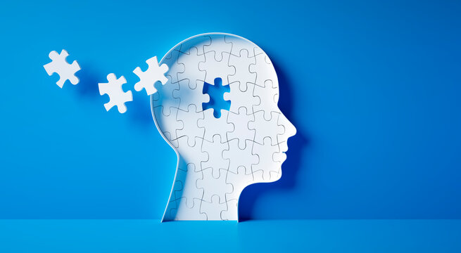 Head and brain diseases concept - missing pieces flying of the brain puzzle on blue background with copy space	