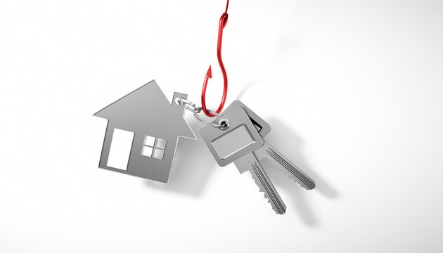 Key Hanging from a Fishing Hook as a Concept for Security, Cybercrime, Phishing, or Data Risk on white background