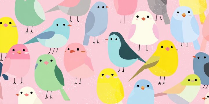 Pastel flat birds repeating pattern playful colorful bird shapes on pink background cute minimal seamless design