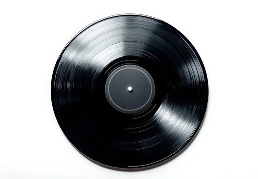 close-up black vinyl record with glossy surface and center label