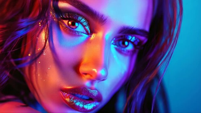 A woman's face close-up, featuring intense eyeshadow, sparkling glitter, and dramatic lighting in blue tones. Her gaze is direct and her skin is flawless.
