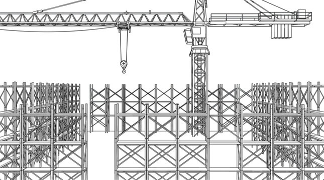 Construction site with tower crane line art illustration, building framework structure and industrial development scene for engineering project concept