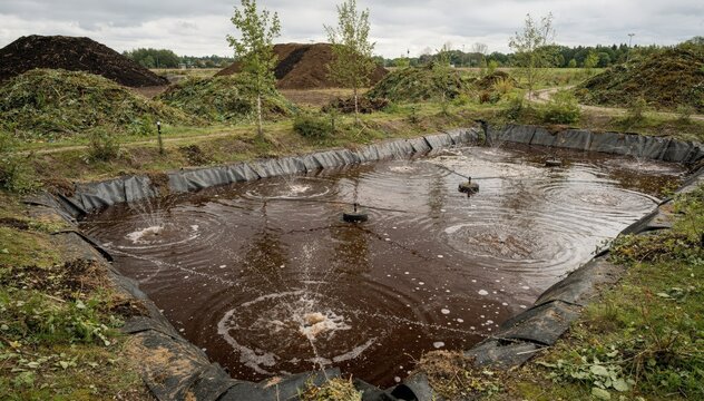 Medium shot of a lined pond filled with compost leachate under aeration illustrating sustainable runoff containment and natural treatment in green waste management.