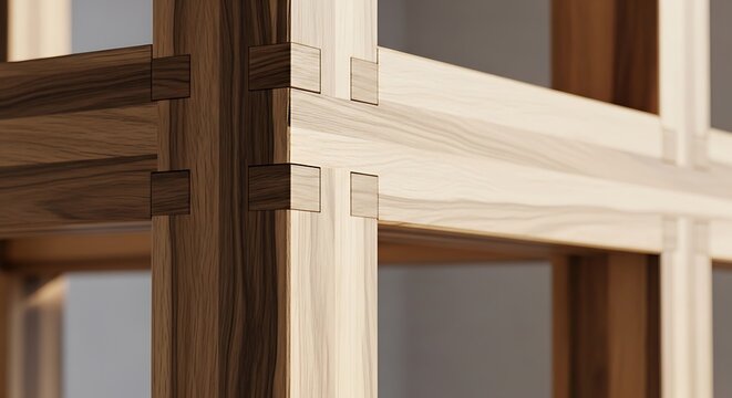 Closeup of intricate japanesestyle wooden joinery, showcasing precise craftsmanship and interlocking timber beams in a modern furniture construction design